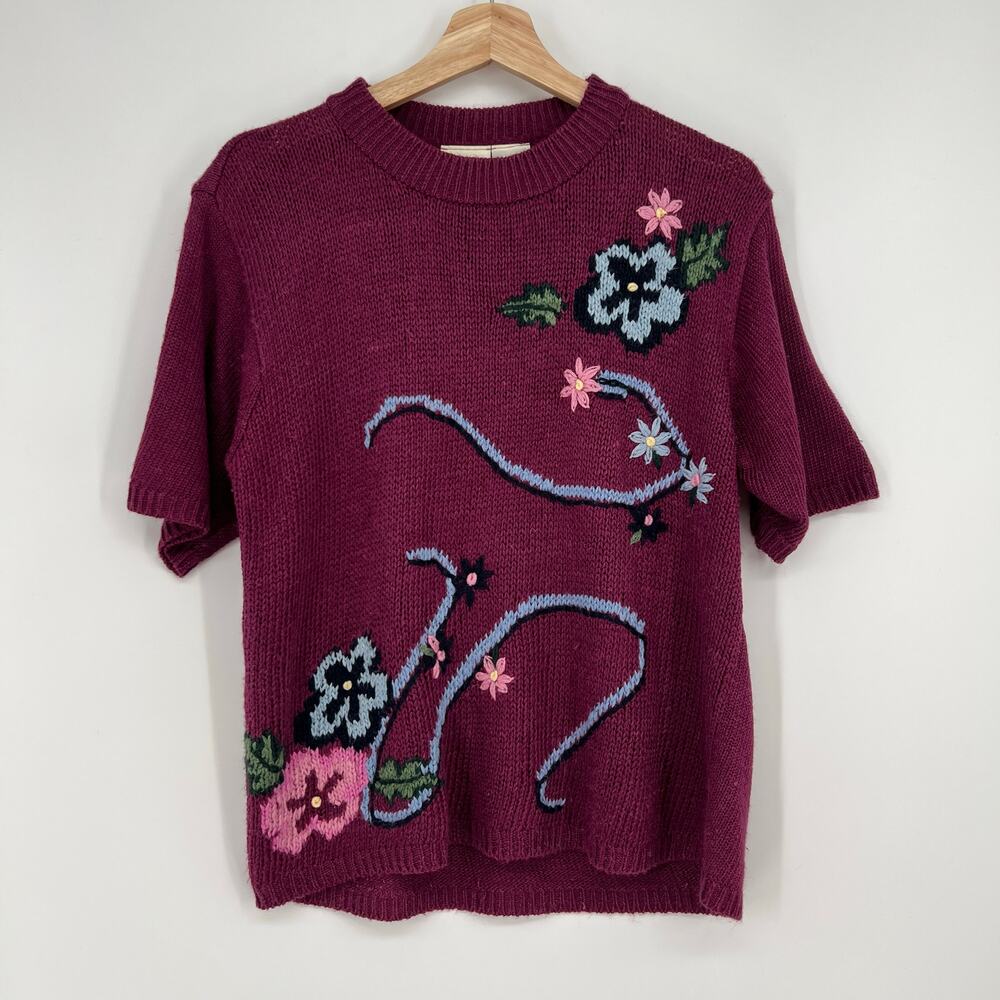 Vintage 80s Two Twenty Sweater Short Sleeve Womens Medium Plum Blue Ramie Cotton